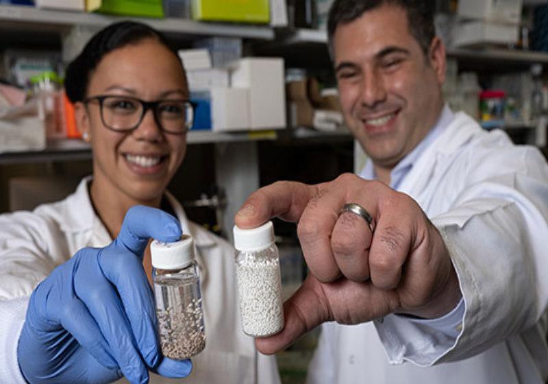 Os bioengenheiros da Rice University Amanda Nash (à esquerda) e Omid Veiseh com frascos de 