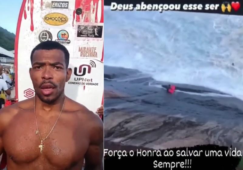 O surfista da Rocinha, Renan de Souza, poderá receber uma medalha pela bravura de ter salvo um salva-vidas no mar agitado de São Conrado, no RJ - Fotos: reprodução. / Redes sociais