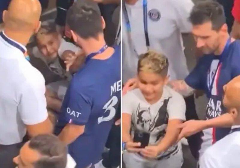 Messi afastou os seguranças e tirou a foto com o pequeno fã - Fotos: reprodução / Twitter